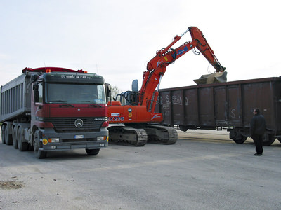 Foto di un escavatore per il trasbordo di merci rinfuse treno camion